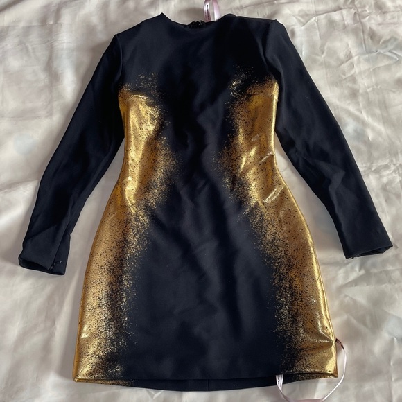 NEW! House of CB- Domenica Foil Long Sleeve Minidress Black Gold Size Medium - Picture 2 of 9